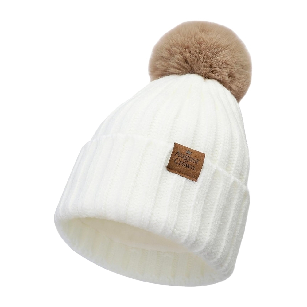 August Crown - Cream White Knit and Tan Pom-Pom Winter Beanie